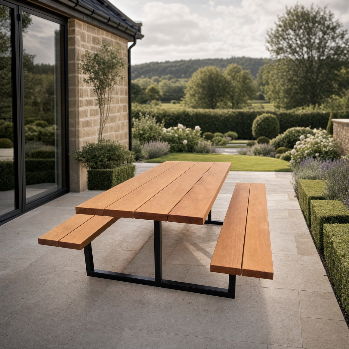 Rustic Iroko Outdoor Picnic Table With Fixed Benches – Ashford Blake